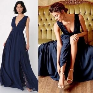 Lulus Heavenly Hues Navy Blue chiffon Maxi Dress Gown S NWT